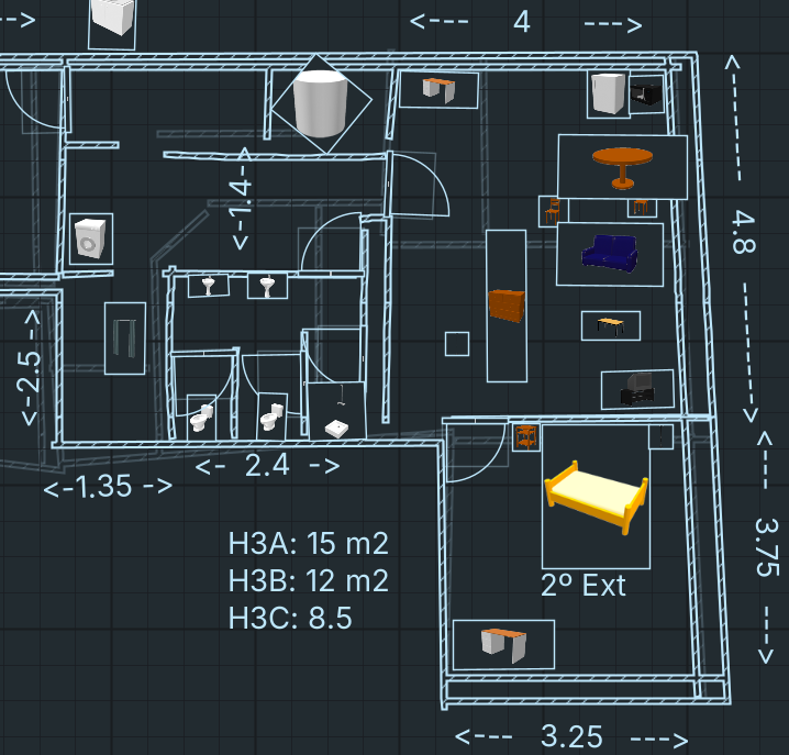 Distribución de vivienda con cocina, salón y dormitorios diseñada en Sweet Home 3D
